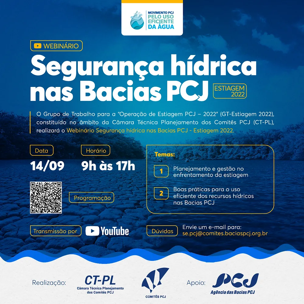 Comitês PCJ promovem webinário sobre segurança hídrica nas Bacias PCJ pelo YouTube, dia 14/09